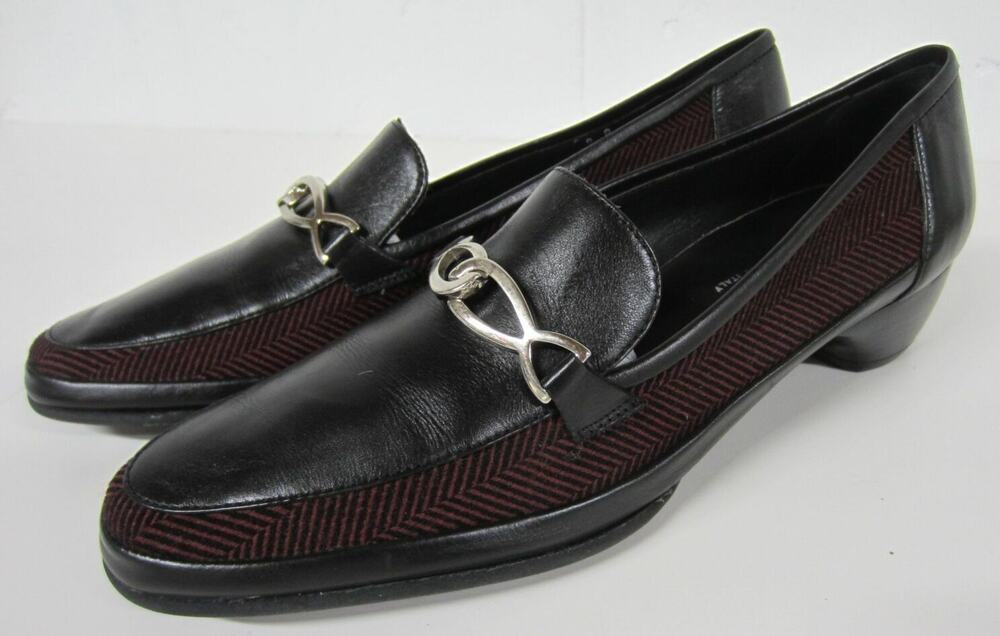 RANGONI Florence ITALY Wine & Black Herringbone Stacked Leather Low Heels 8